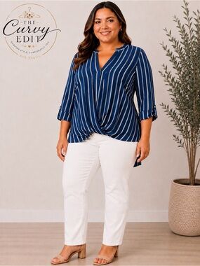 Always Indigo 2X Navy Striped Faux Tuck High-Low Blouse 3/4 Tab Sleeve